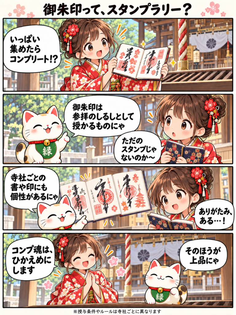 御朱印って、スタンプラリー？：みたまちゃんと緑ちゃんの4コマ