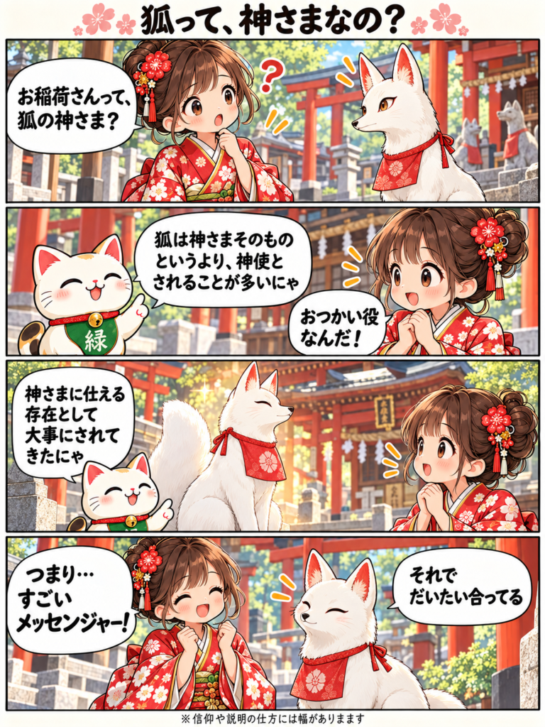 狐って、神さまなの？：みたまちゃんと緑ちゃんの4コマ