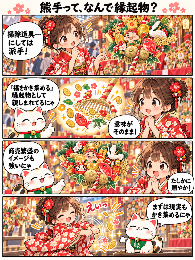 熊手って、なんで縁起物？：みたまちゃんと緑ちゃんの4コマ