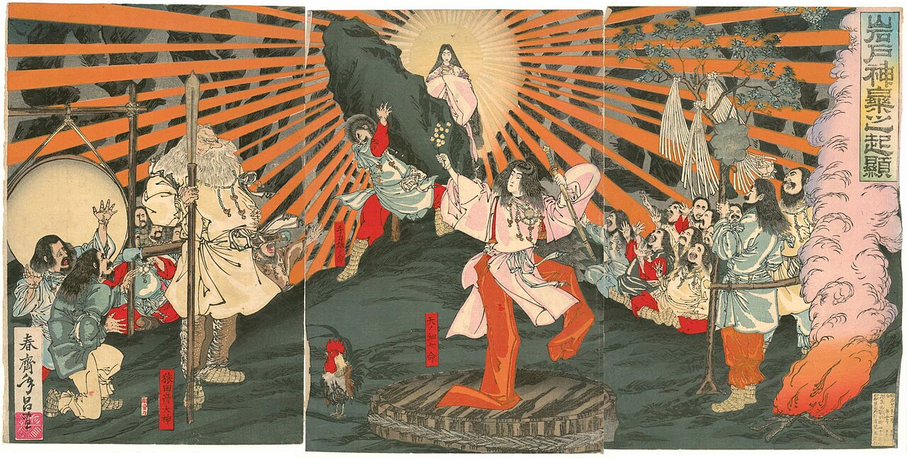 天岩戸の前で舞う天宇受売命と、岩戸から現れる天照大御神を描いた浮世絵