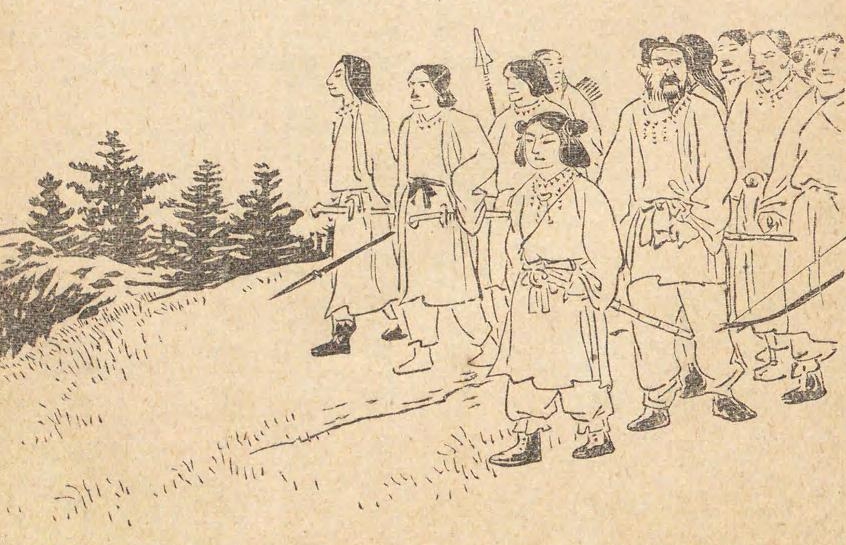 邇邇芸命と従者たちが地上へ降臨する場面を描いた1911年の図版