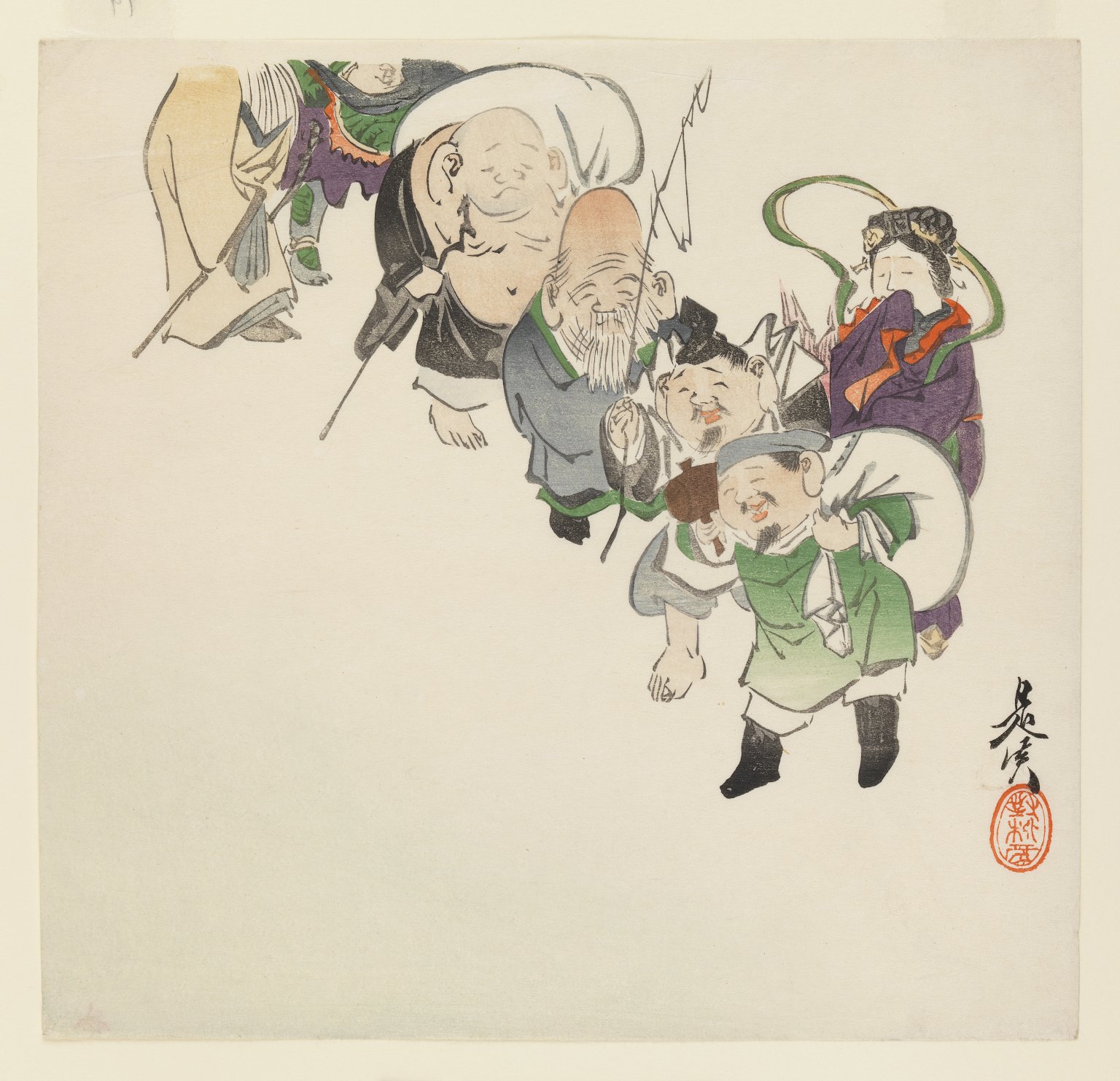 柴田是真による七福神の木版画。姿や表情の違う神々がまとまって描かれている