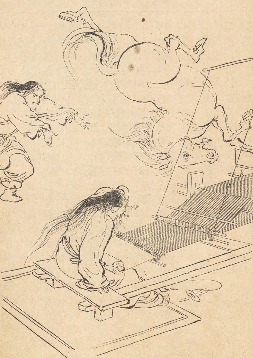 天照大御神の機織り場へ天斑馬を投げ込む須佐之男命を描いた古版画