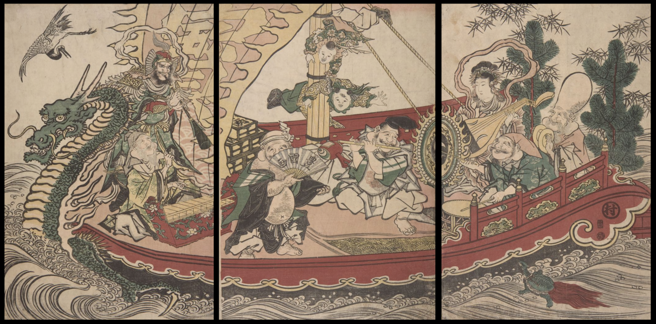 龍頭の宝船に乗り、音楽や踊りを楽しむ七福神を描いた歌川豊国の浮世絵