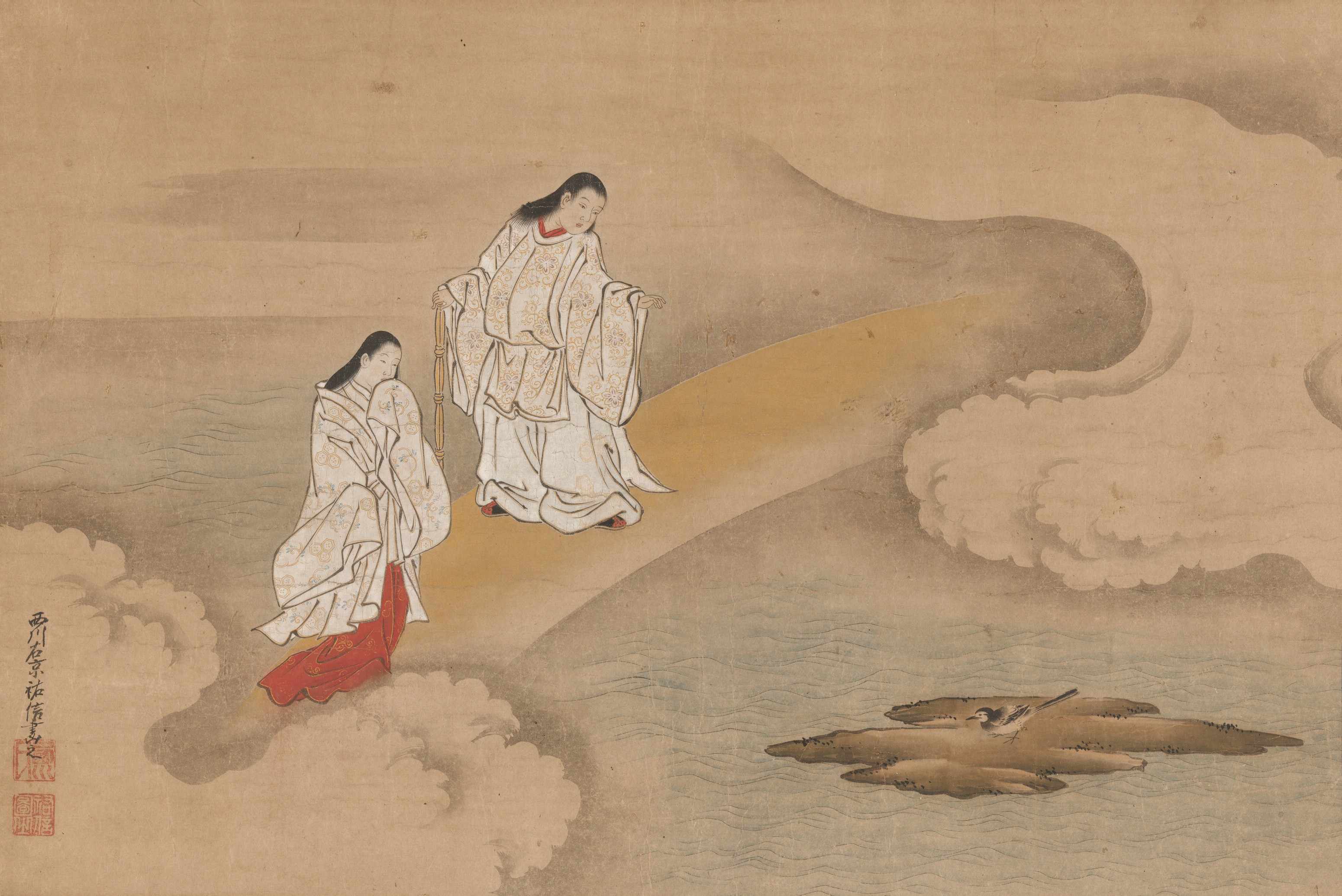 西川祐信の画に描かれた伊邪那岐命と伊邪那美命。国生み神話の記事のサムネイル。